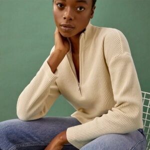 Reformation Yale Waffle Knit Quarter Zip Top Cream Ivory Pullover Oversized XS